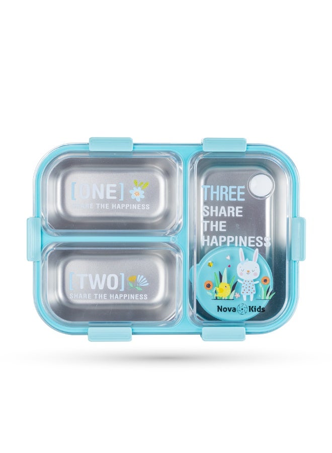 Nova kids صندوق غداء بنتو للأطفال من نوفا من الفولاذ المقاوم للصدأ 3 أقسام مع مجموعة ملعقة وشوكة - أزرق - Image 1