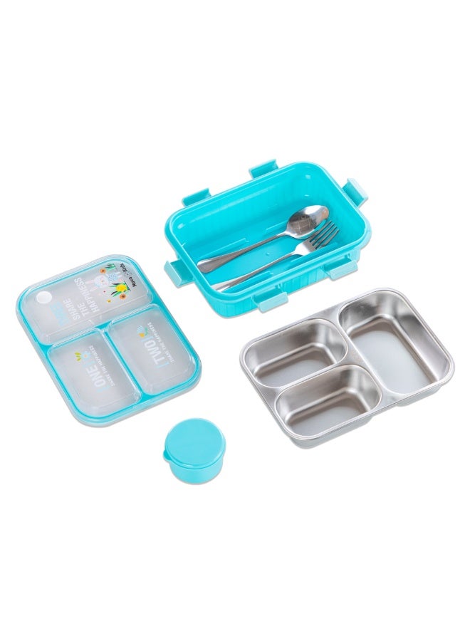 Nova kids صندوق غداء بنتو للأطفال من نوفا من الفولاذ المقاوم للصدأ 3 أقسام مع مجموعة ملعقة وشوكة - أزرق - Image 2