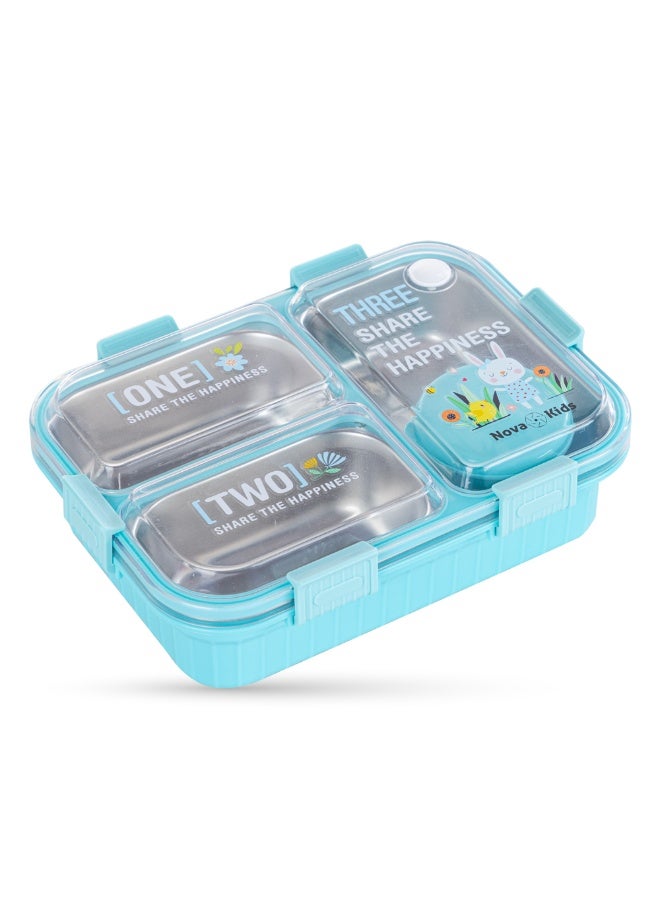 Nova kids صندوق غداء بنتو للأطفال من نوفا من الفولاذ المقاوم للصدأ 3 أقسام مع مجموعة ملعقة وشوكة - أزرق - Image 3