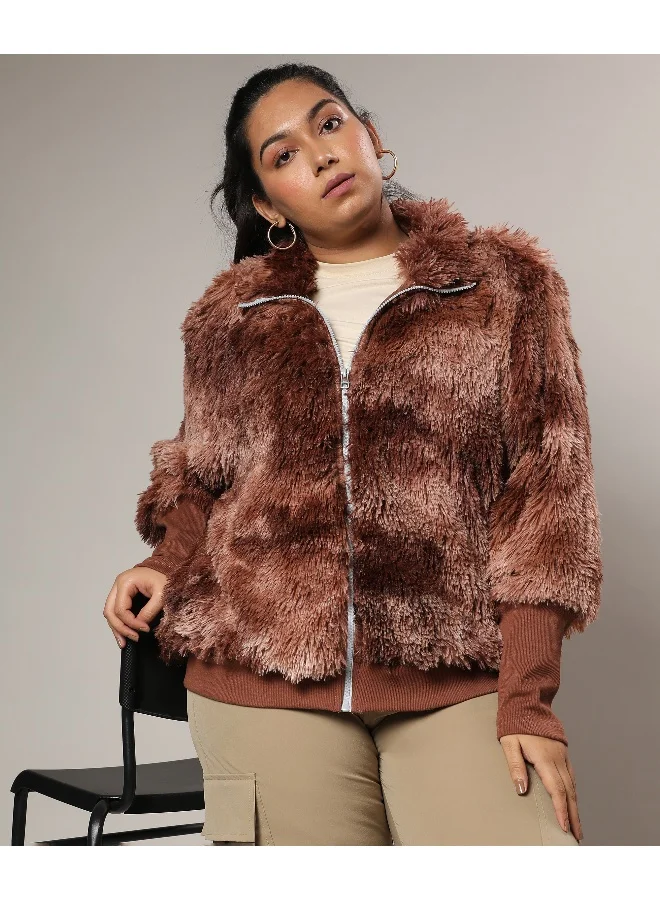 Instafab Plus Women's Chalk White Metallic Veined Faux Fur Jacket