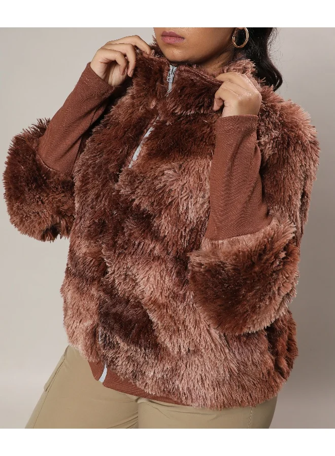 Instafab Plus Women's Chalk White Metallic Veined Faux Fur Jacket