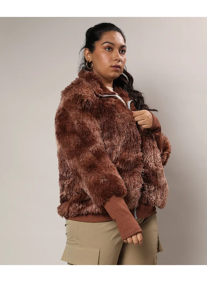 Instafab Plus Women's Chalk White Metallic Veined Faux Fur Jacket