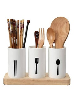 Cutlery Holder | Silverware Caddy | Plastic Self Draining Flatware Caddy For Countertop | Flatware Utensil Caddy For Spoon, Fork & Chopstick | Kitchen Utensil Caddy With Wood Base (White)