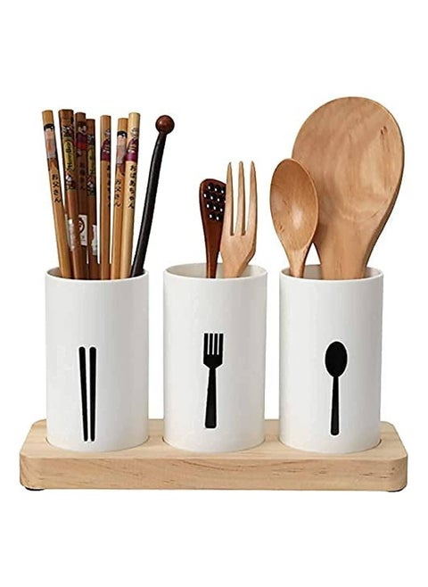 Cutlery Holder | Silverware Caddy | Plastic Self Draining Flatware Caddy For Countertop | Flatware Utensil Caddy For Spoon, Fork & Chopstick | Kitchen Utensil Caddy With Wood Base (White)