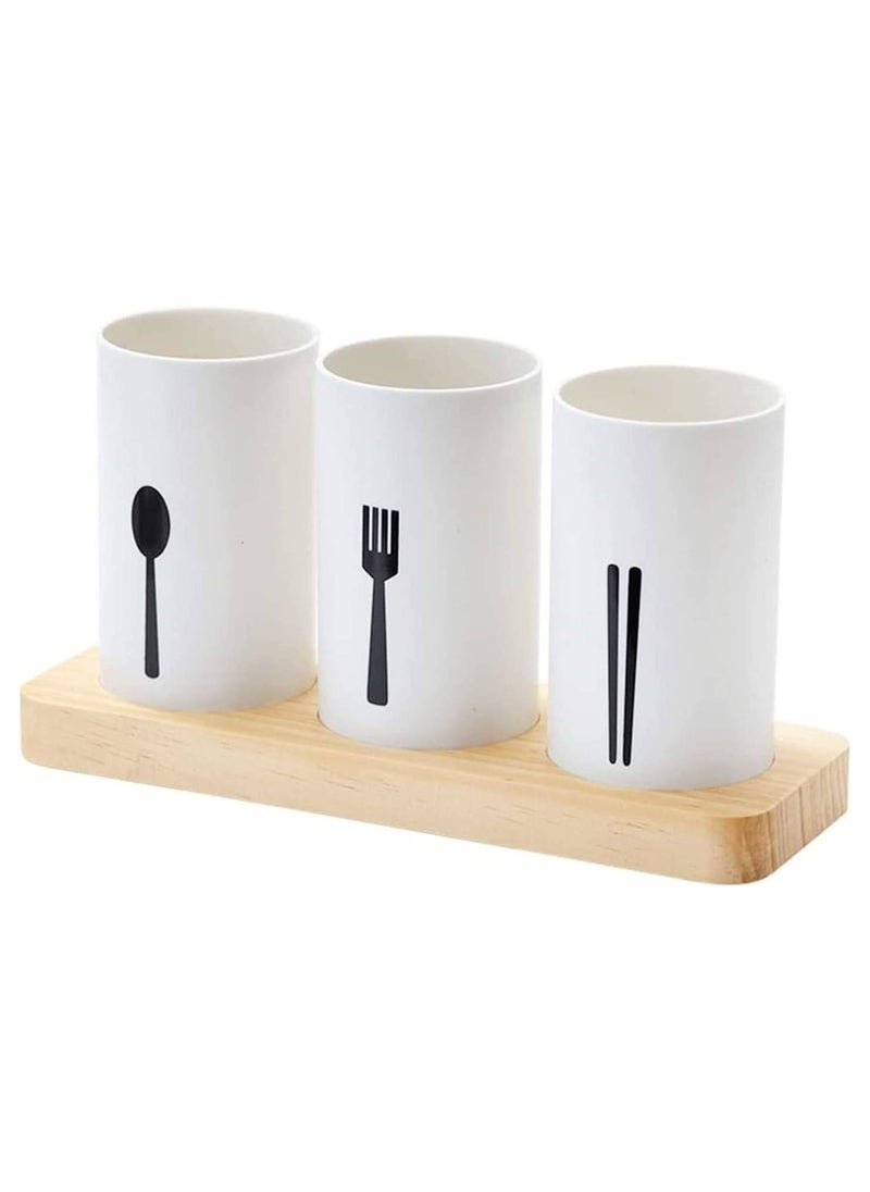 BLOOMING TIME - Cutlery Holder | Silverware Caddy | Plastic Self Draining Flatware Caddy For Countertop | Flatware Utensil Caddy For Spoon, Fork & Chopstick | Kitchen Utensil Caddy With Wood Base (White) - Image 1