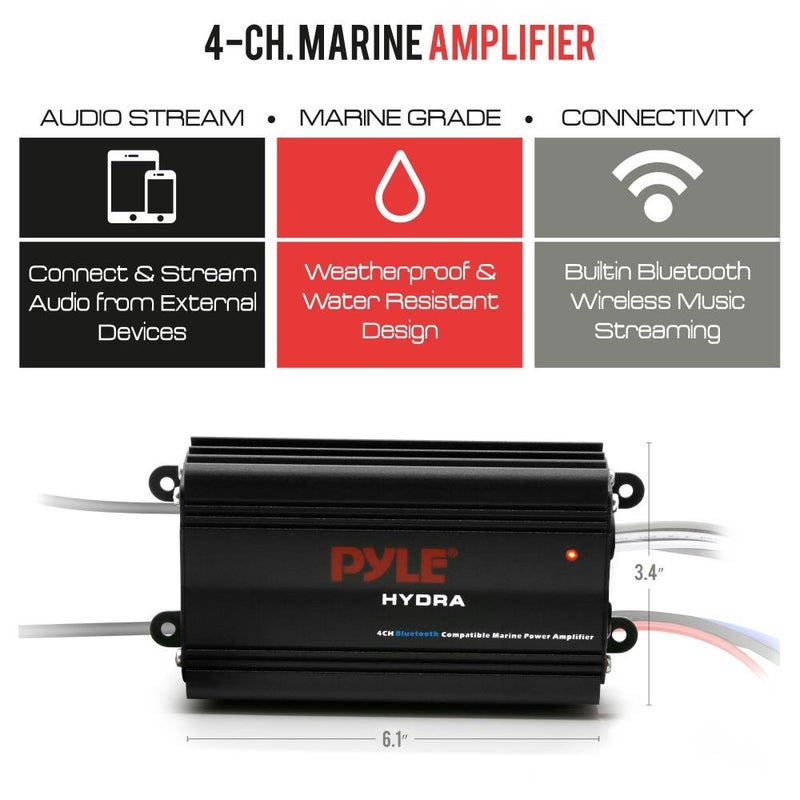 Pyle 200W RMS 4-Channel Marine Amplifier - Bluetooth Wireless Audio Streaming - Waterproof - Full Range Stereo w/ RCA - High Crossover HD Music - Multi-Channel System - Compact & Powerful - PLMRMB4CB - Image 4