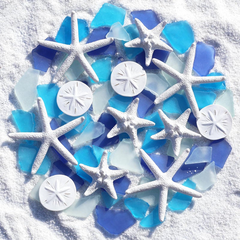 Qygl 12 Resin Starfish & 10Oz Sea Glass Decor - Frosted Seaglass Pieces & Starfish Sand Dollar For Diy Crafts  Beach Weddings  Vase Filler  And Home Decor Ornaments (Cobalt Blue  Aquamarine  White) - Image 1