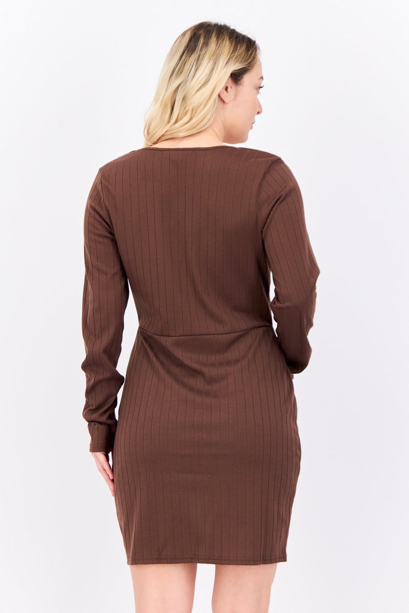 BRAVE SOUL Women Ribbed Mini Dress, Dark Brown - Image 3