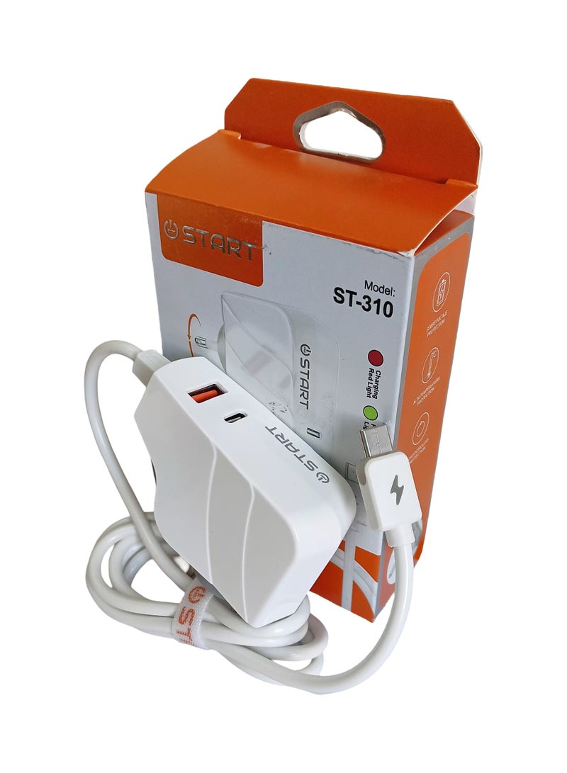 Start Fast Charger 3.4A Dual USB-A/Type-C with 1.2m Type-C Cable with Light - Image 1