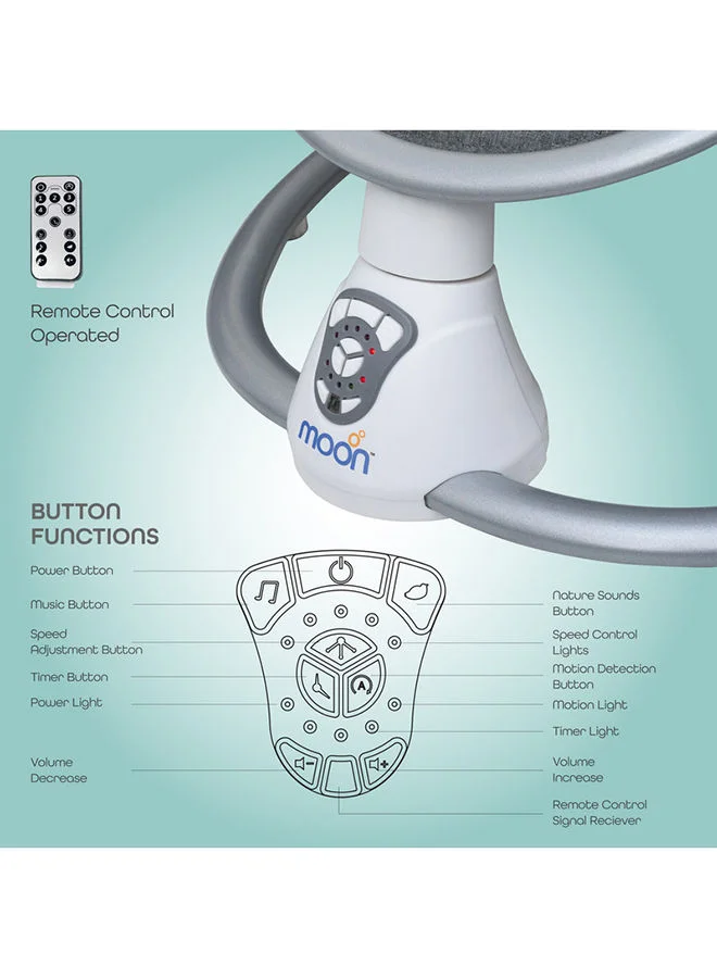 Moon 5 Point Harness Baby Swing Circle, 0-6M, Holds Upto 9Kg With Remote Control - Grey