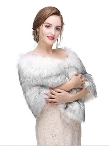 Aukmla Women's Wedding Fur Wraps and Shawls Bridal Fur Stoles Scarf with Rhinestones Brooch for Bride and Bridesmaids (White+Black, US 4-14 (S-M)) - Image 4