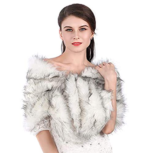 Aukmla Women's Wedding Fur Wraps and Shawls Bridal Fur Stoles Scarf with Rhinestones Brooch for Bride and Bridesmaids (White+Black, US 4-14 (S-M)) - Image 1