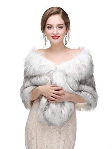 Aukmla Women's Wedding Fur Wraps and Shawls Bridal Fur Stoles Scarf with Rhinestones Brooch for Bride and Bridesmaids (White+Black, US 4-14 (S-M)) - Image 2