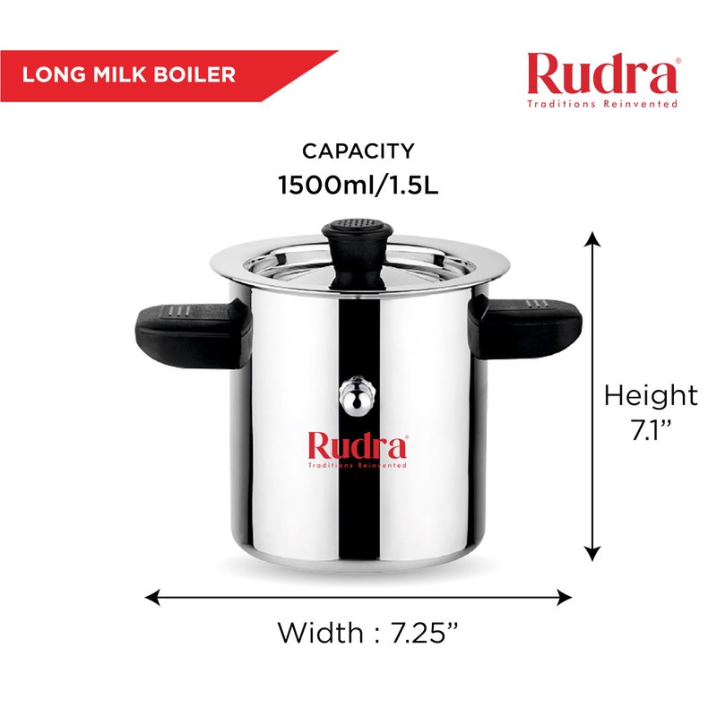 Rudra Stainless Steel Long Milk Boiler/Cooker | 1.5 Litre|Premium 202 Grade Steel|Spill-Proof Double-Walled Design|Whistle Indicator|Induction & Gas Compatible|Multipurpose Cooking|Mirror Finish - Image 2