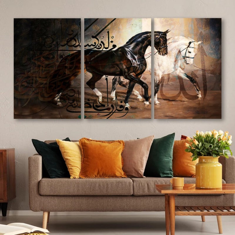 ماركتنا ثلاث لوحات قماشية مودرن بتصميم حصان مع برواز مجوف مقاس (150×70) ثلاث قطع - Image 1