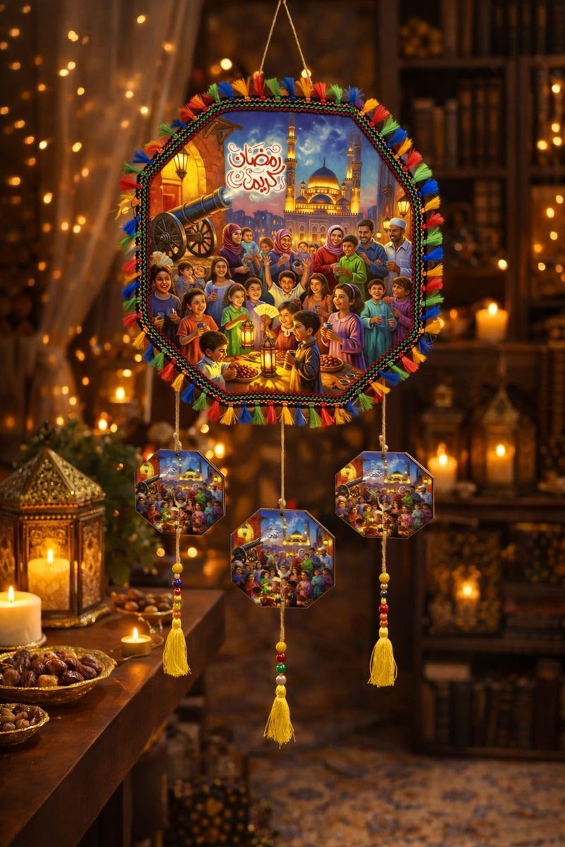 Ramadan Hanging Decorations, Traditional Design with Colorful Tassels, Ramadan Scene Wall Decor, with Dangling Pieces - Image 1