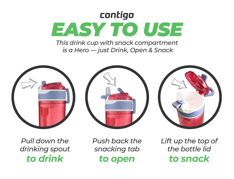 كونتيجو مجموعة زجاجات كونتيجو سناك هيرو 2 في 1 - حجرة للوجبات الخفيفة سعة 4 أونصات وزجاجة مياه مانعة للتسرب سعة 13 أونصة - أحمر وأزرق - Image 4