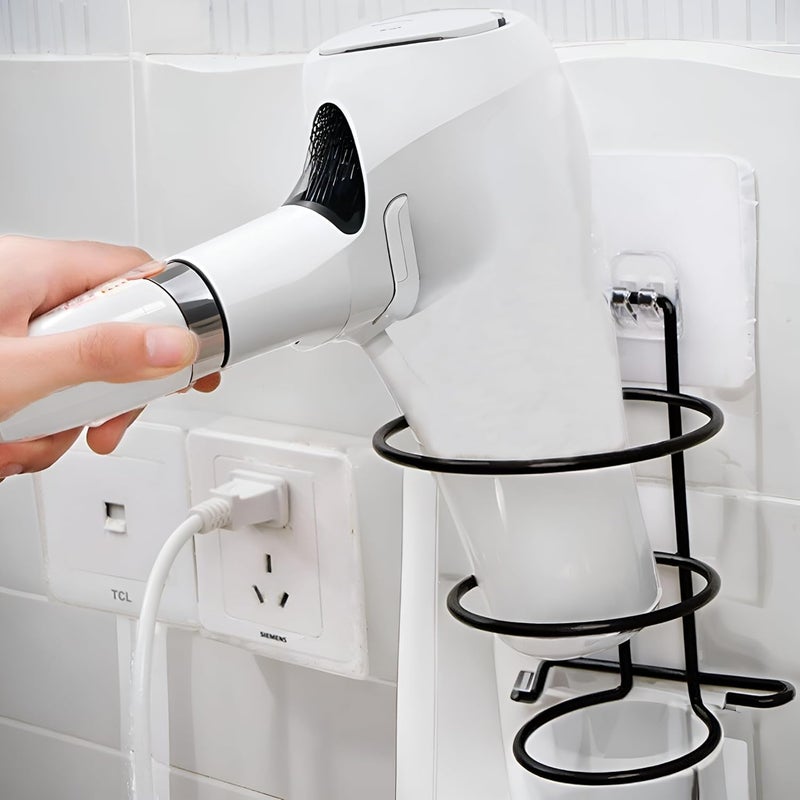 Decorlay Self Adhesive Hair Dryer Holder, Hair Strengthener Holder, Dryer Hanging Stand, Hair Blower Holder Plug Hook (Black) - Image 1