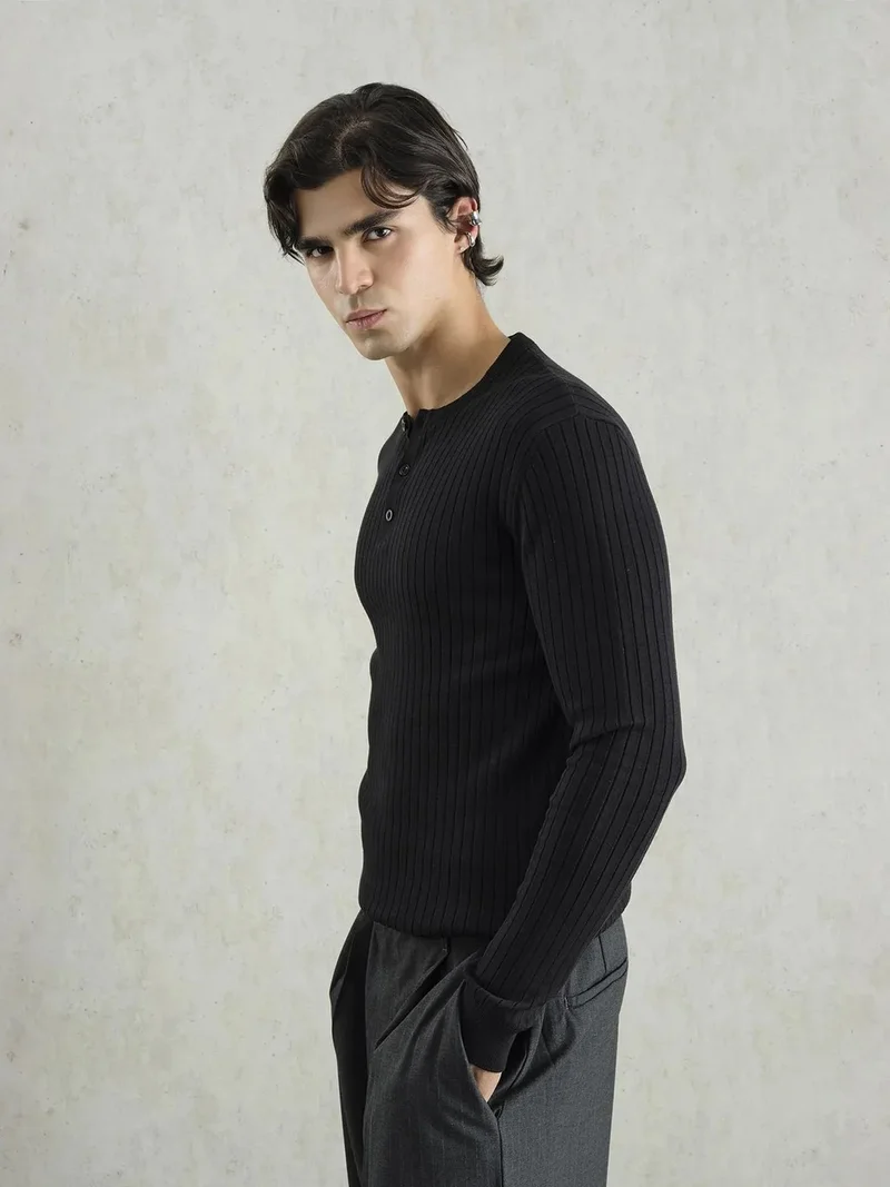 جيستو GIESTO Ribbed Crew Neck Long-Sleeve Button T-Shirt