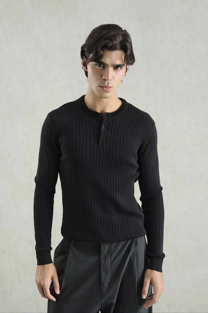 GIESTO Ribbed Crew Neck Long-Sleeve Button T-Shirt