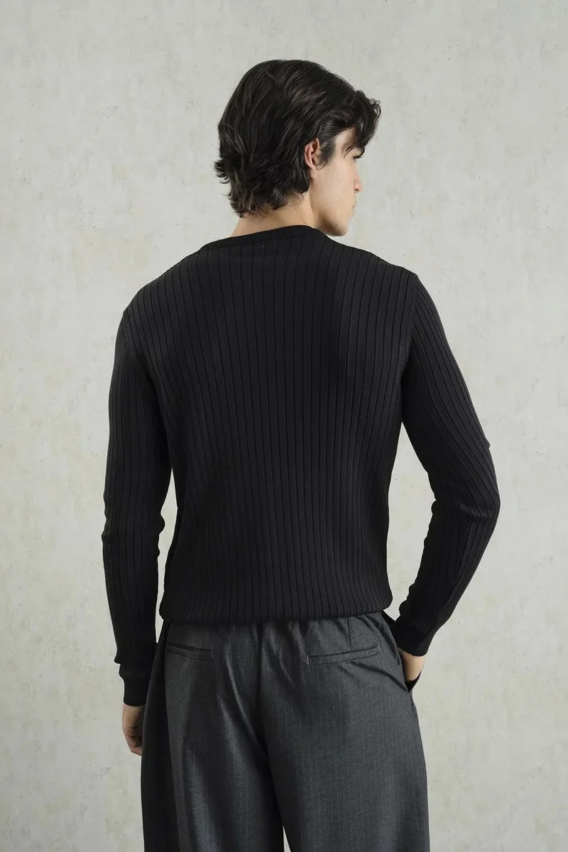 Giesto Black GIESTO Ribbed Crew Neck Long-Sleeve Button T-Shirt for Men | Best Price UAE