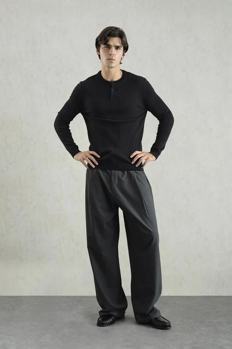 Giesto Black GIESTO Ribbed Crew Neck Long-Sleeve Button T-Shirt for Men | Best Price UAE