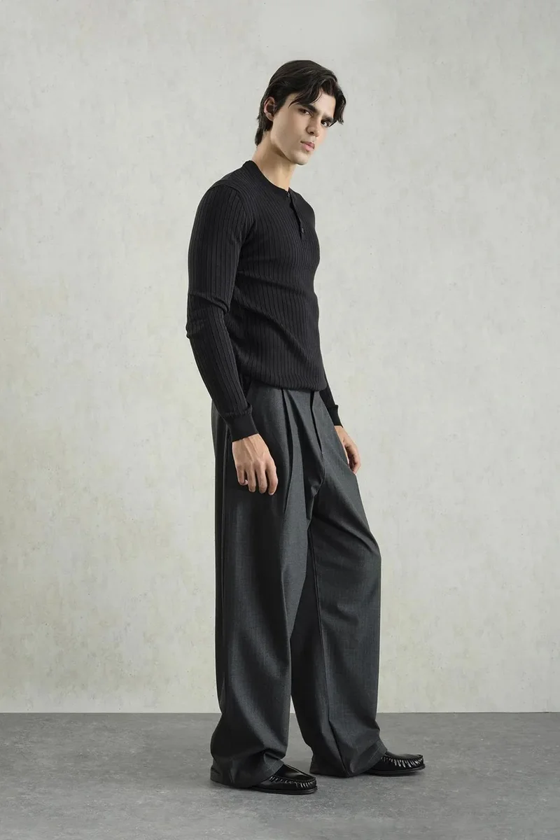 Giesto Black GIESTO Ribbed Crew Neck Long-Sleeve Button T-Shirt for Men | Best Price UAE