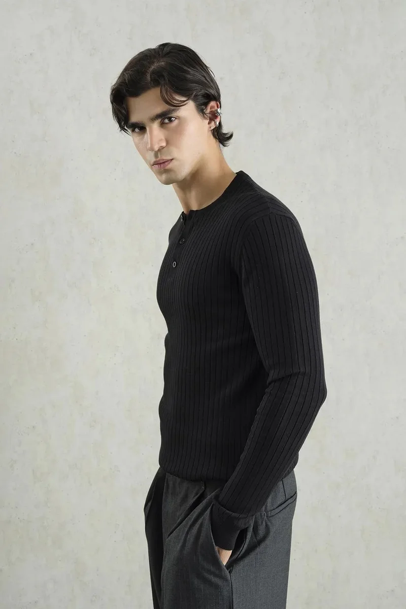 Giesto Black GIESTO Ribbed Crew Neck Long-Sleeve Button T-Shirt for Men | Best Price UAE