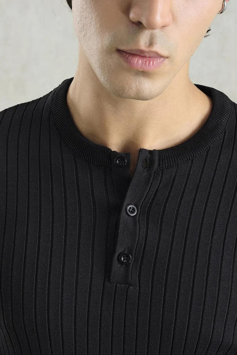 Giesto Black GIESTO Ribbed Crew Neck Long-Sleeve Button T-Shirt for Men | Best Price UAE