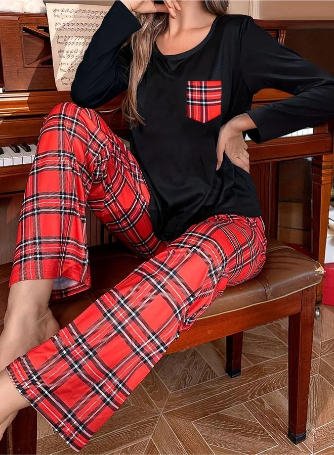 Take Two Take Two Checked Pocket Detail T-Shirt and Pyjama Set