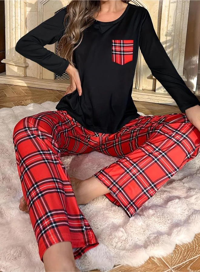 Take Two Take Two Checked Pocket Detail T-Shirt and Pyjama Set
