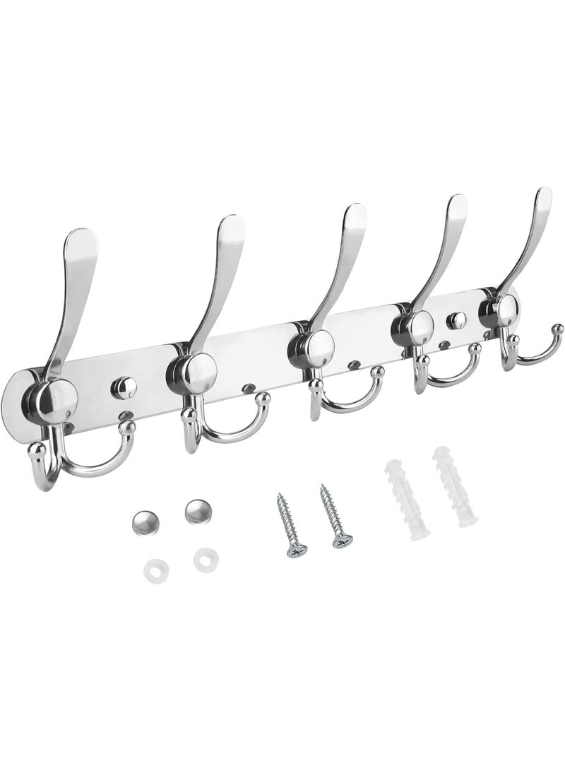 Meetion Wall Mounted Coat Rack, Five Heavy Duty Tri Hooks All Metal Construction for Jacket Coat Hat in Mudroom Entryway (Silver, 1-Pack) - Image 1