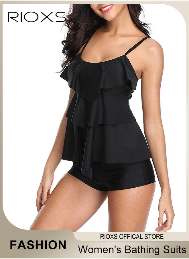 RIOXS - Womens Tankini Swimsuits Two Piece Tummy Control Bathing Suits Ruffle Swim Tank Top with Boy Shorts Swimwear,  Split Style Beach Swimsuit - Image 1