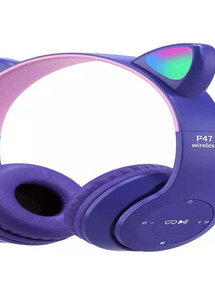 P47 - Wireless Gaming Headset, Bluetooth 5.0 Cat Ear Headphones, Kids Headphones,LED Light Up Bluetooth Over Ear Headphones for Kids and Adults Wearing(Purple)) - Image 1