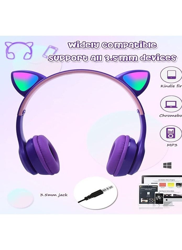 P47 - Wireless Gaming Headset, Bluetooth 5.0 Cat Ear Headphones, Kids Headphones,LED Light Up Bluetooth Over Ear Headphones for Kids and Adults Wearing(Purple)) - Image 1