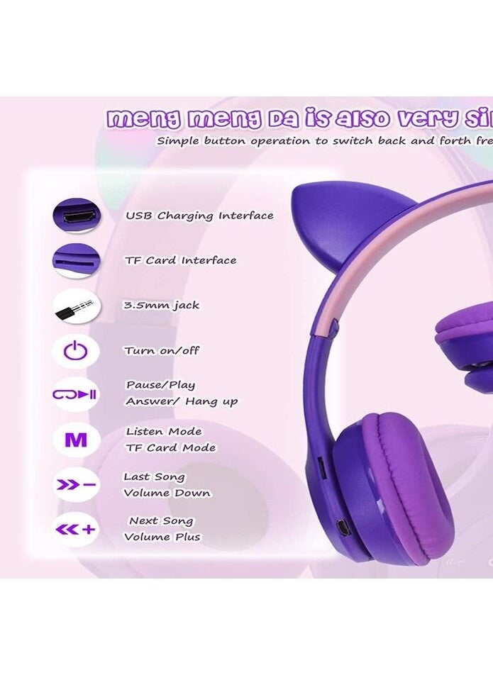 P47 - Wireless Gaming Headset, Bluetooth 5.0 Cat Ear Headphones, Kids Headphones,LED Light Up Bluetooth Over Ear Headphones for Kids and Adults Wearing(Purple)) - Image 1