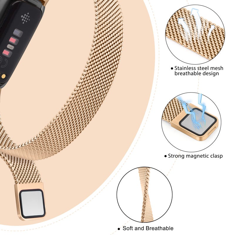 Vanjua for Fitbit Inspire 3 Bands Women Men, Stainless Steel Metal Mesh Loop Adjustable Magnetic Wristband Replacement Straps Compatible with Fitbit Inspire 3 Fitness Tracker (Rose Gold) - Image 3