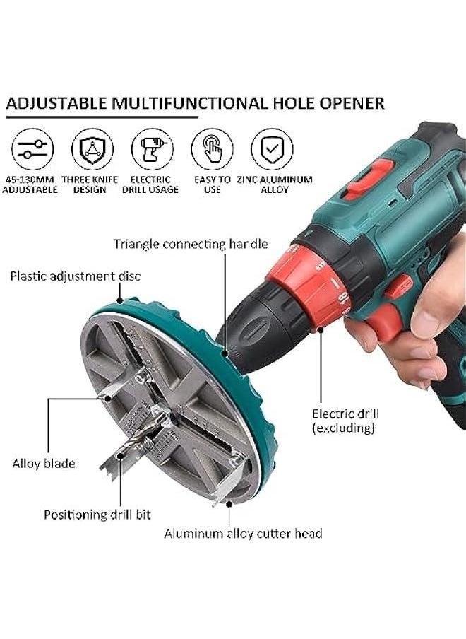 Generic - Adjustable Round Hole Saw Tool, Diameter 45-130mm Adjustable Punching Saw, Adjustable Punch Saw Tool for Drilling, Round Hole Opener Tool for Wood Plywood Plastic (with 3 Blades) - Image 1