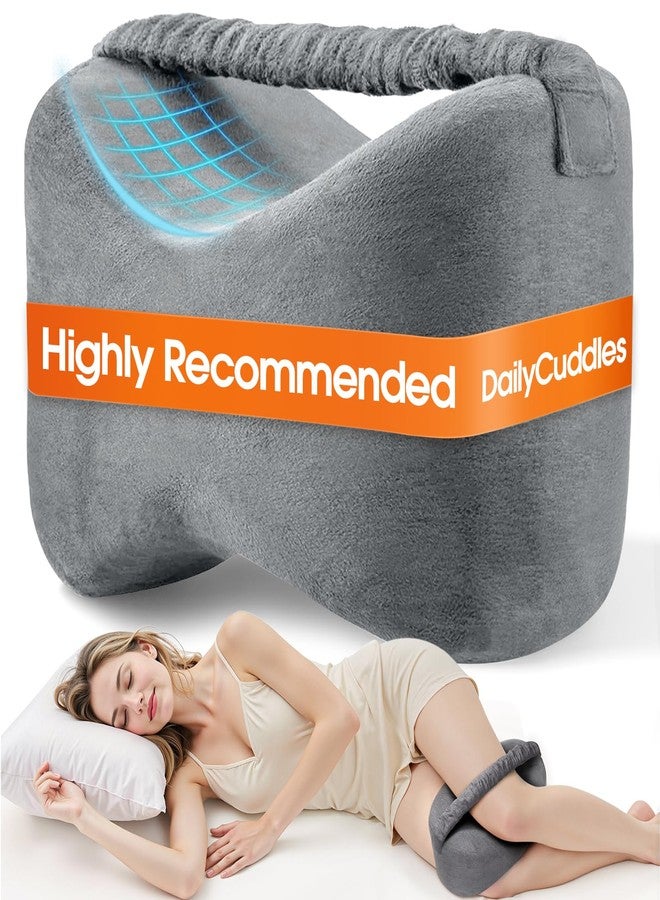 DailyCuddles Knee Pillow for Side Sleepers with Strap, Supportive Memory Foam Leg Pillow for Side Sleeping & Spine Support, Ergonomic Curved Design for Hips and Back, Light Grey - Image 1