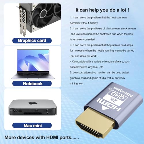 Malarpon HDMI Dummy Plug fit-Headless Display Emulator DDC EDID Headless Ghos with Windows Mac OSX Linux Great for Graphics Acceleration Support 1920x1080@60Hz 4P - Image 3