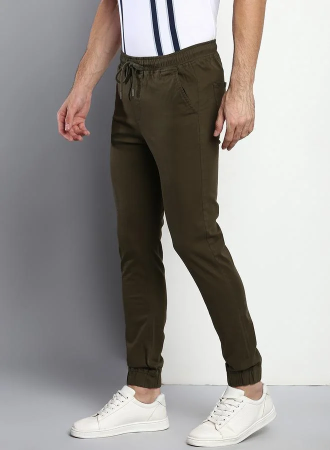 Dennis Lingo olive Men's Olive Regular Fit Cotton Trousers - Solid Pattern, Mid-Rise, Full-Length, for Men | Best Price UAE