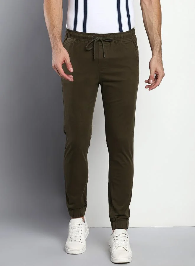 Dennis Lingo olive Men's Olive Regular Fit Cotton Trousers - Solid Pattern, Mid-Rise, Full-Length, for Men | Best Price UAE