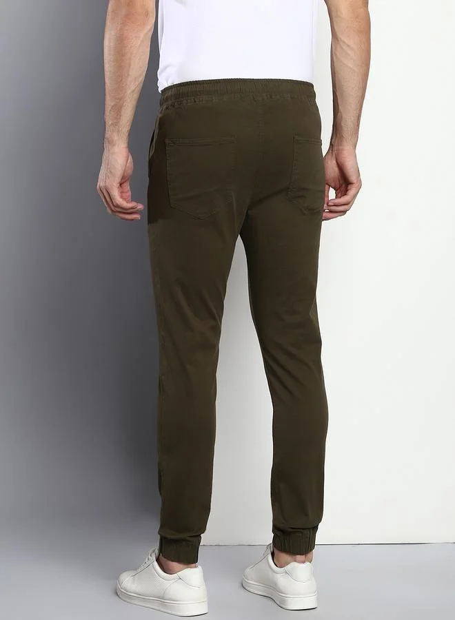 Dennis Lingo olive Men's Olive Regular Fit Cotton Trousers - Solid Pattern, Mid-Rise, Full-Length, for Men | Best Price UAE