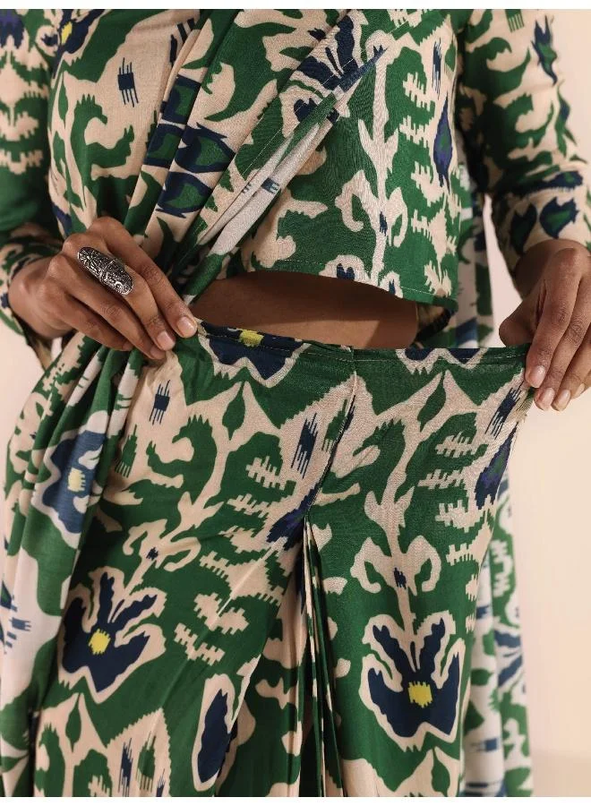 trueBrowns trueBrowns Green Muslin Ikat Saree