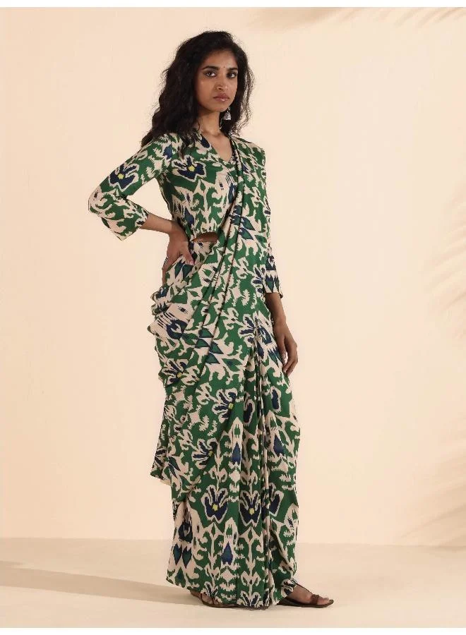 trueBrowns trueBrowns Green Muslin Ikat Saree