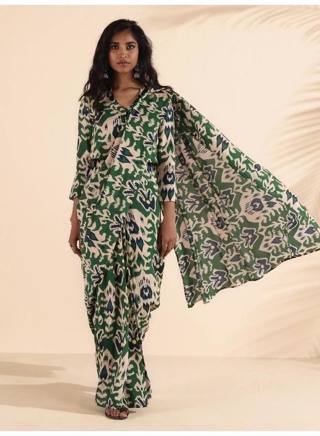 trueBrowns trueBrowns Green Muslin Ikat Saree