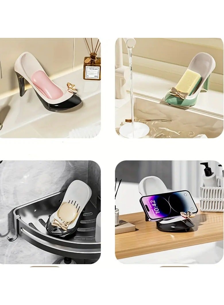 يوكانبي صندوق صابون متعدد الوظائف بشكل كعب عالي - تصميم فريد على شكل حذاء مع نظام تصريف، حامل صابون للحمام مع كوب شفط، لا حاجة للحفر - Image 4