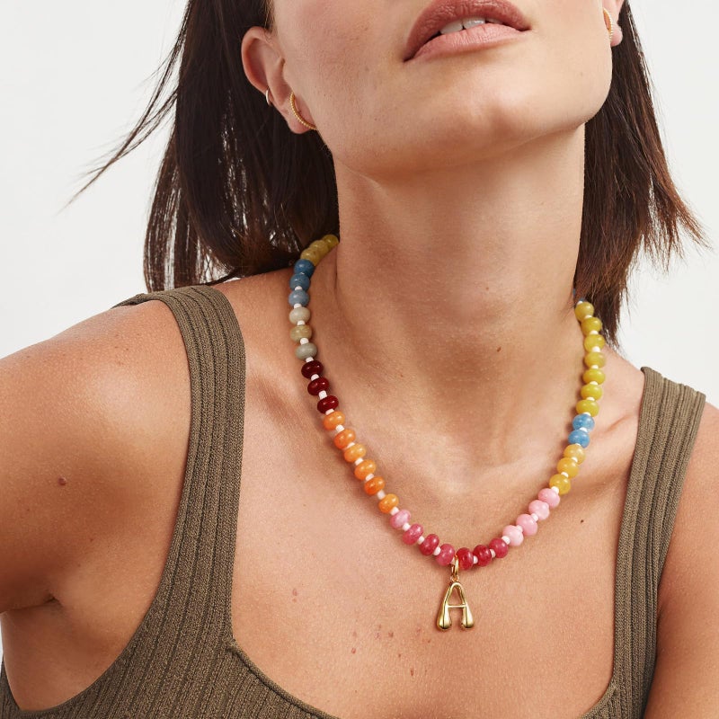 KissYan Initial Necklaces for Women, Colorful Beaded Gemstone Choker 14K Gold Bubble Letter Pendant Necklace Natural Stone Summer Beach Handmade Jewelry Gift(J) - Image 4
