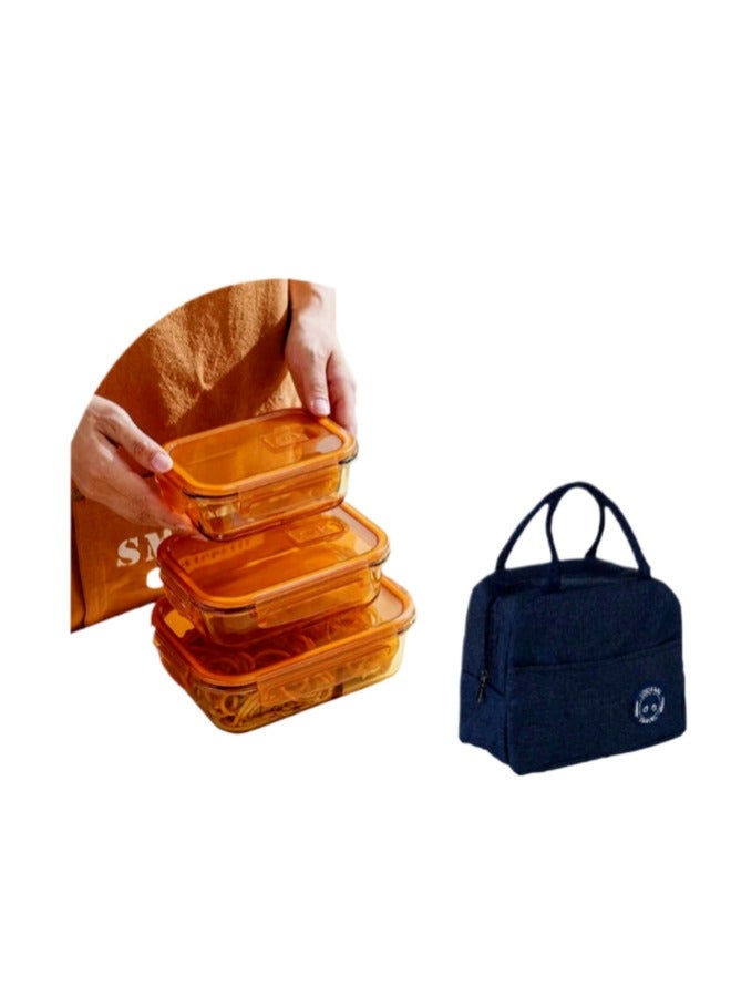 3-pack rectangular glass lunch box microwaveable borosilicate glass lunch box 1040ml/640ml/370ml with insulated bag - Image 1