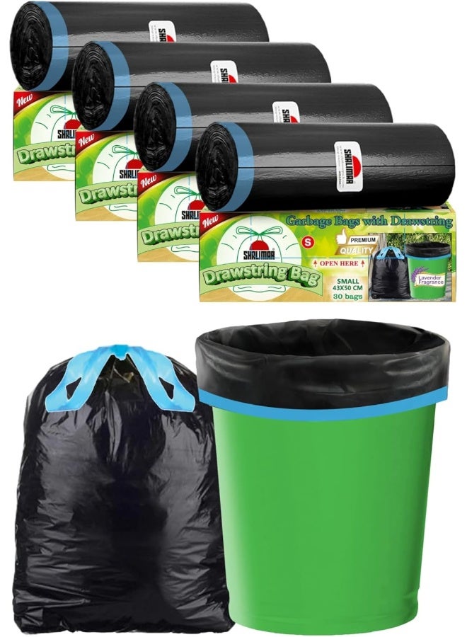 Shalimar Premium OXO Biodegradable Drawstring Garbage Bag, 120 Bags, 43x50 cm, Black, Heavy Duty Leak Proof Lavender Scented Trash Bags for Home and Office Use - Image 1